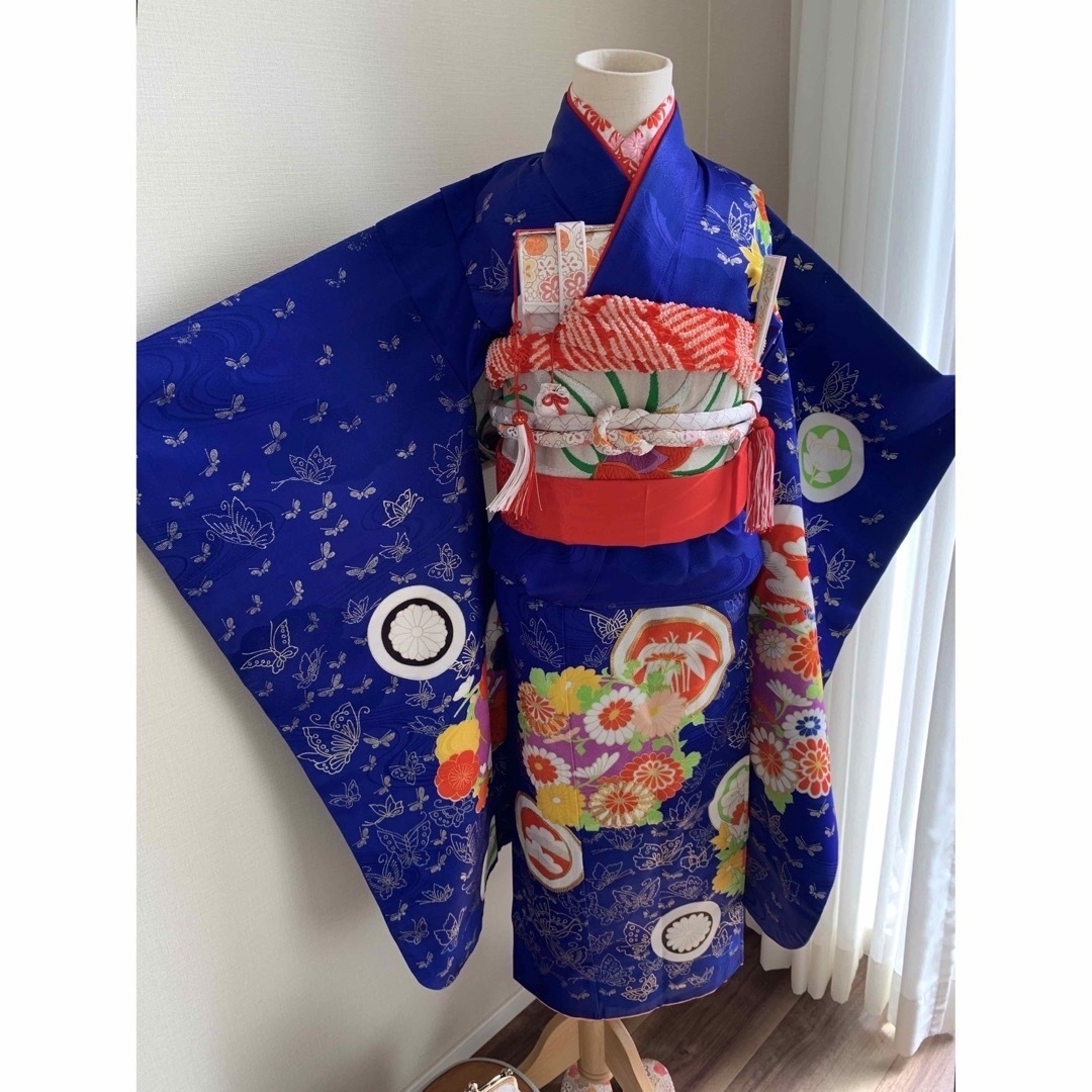 七五三に★花丸文に蝶づくし　青色　七歳の着物セット