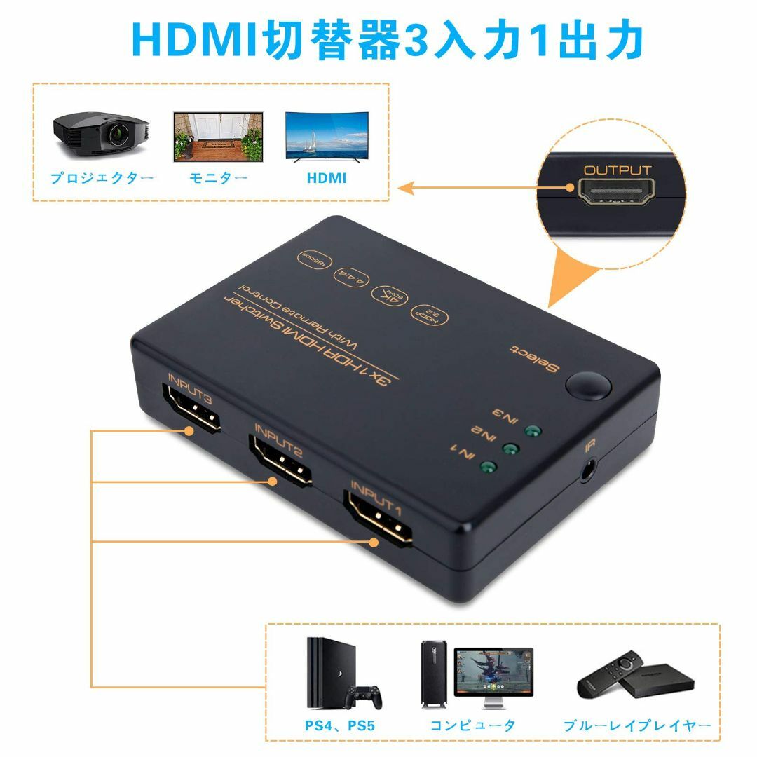 HDMI切替器 3入力1出力 HDMI2.0 HDMI セレクター 4K60Hz 1