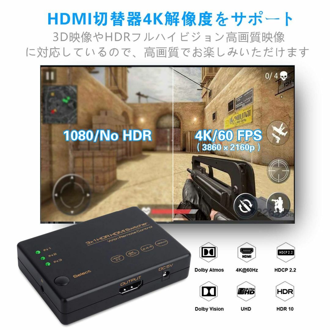 HDMI切替器 3入力1出力 HDMI2.0 HDMI セレクター 4K60Hz 2