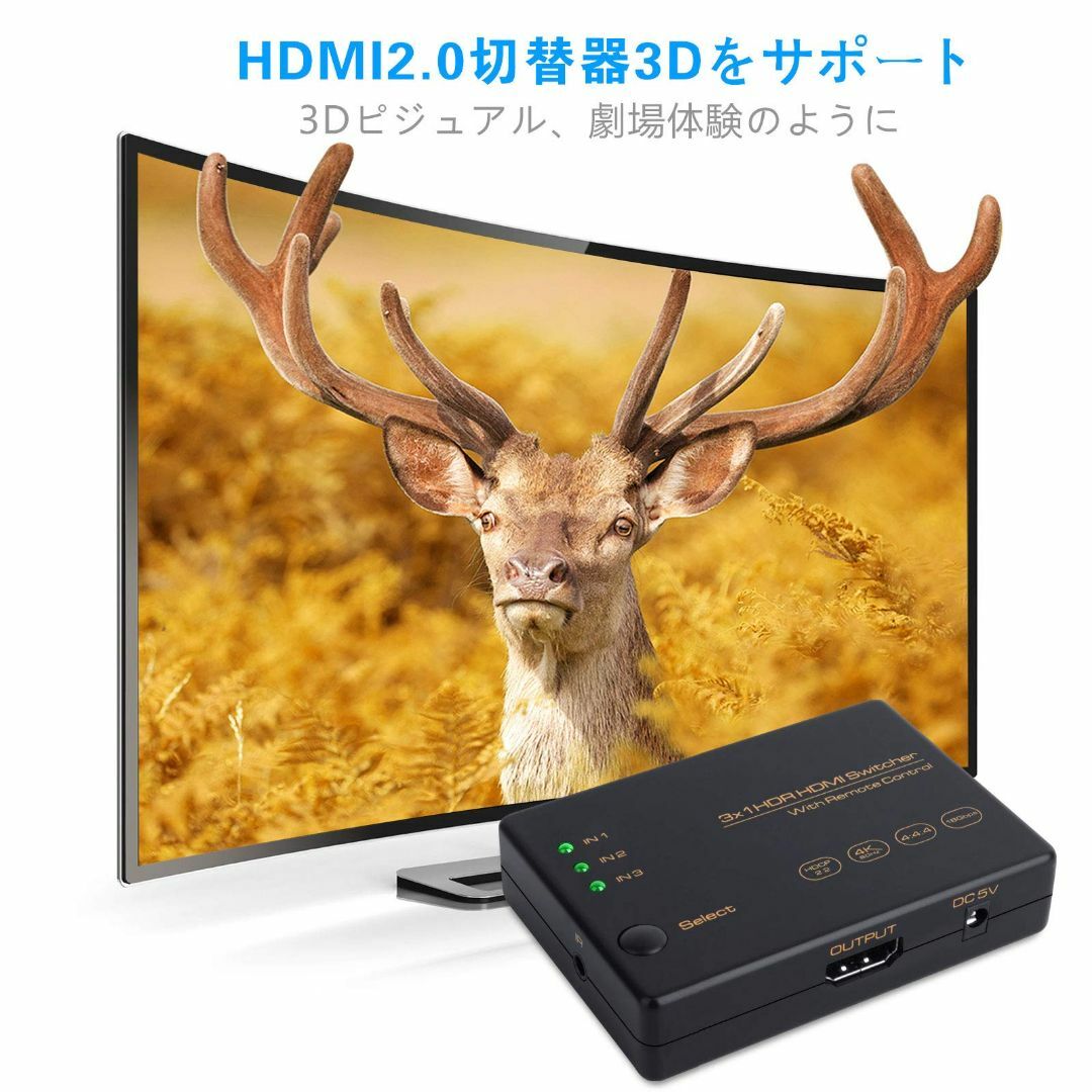 HDMI切替器 3入力1出力 HDMI2.0 HDMI セレクター 4K60Hz 4