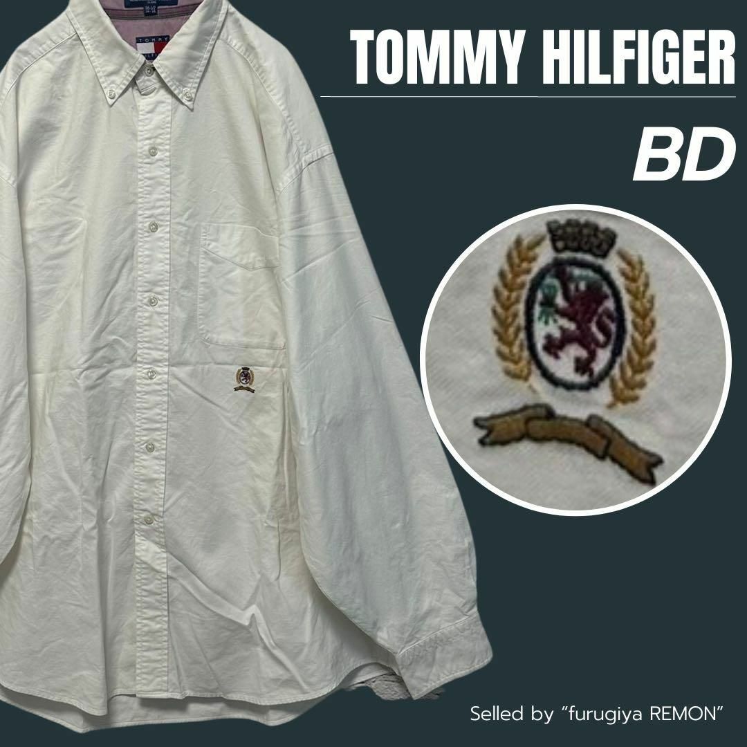 トミーヒルフィガー　90s エンブレム刺繍　長袖シャツ　BD　ホワイト | フリマアプリ ラクマ