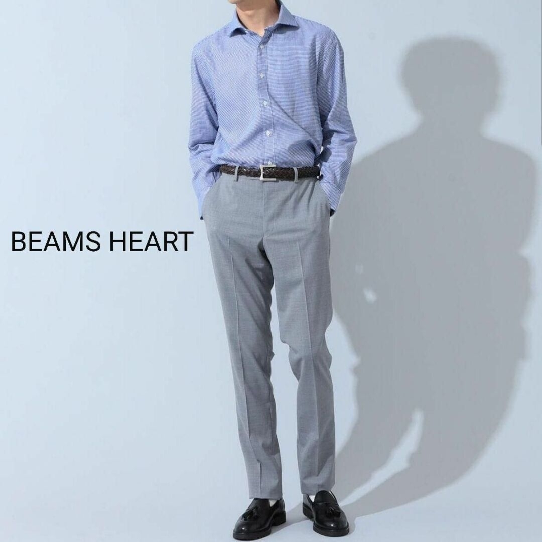 BEAMS HEARTハウンドトゥースカッタウェイシャツ青白メンズL千鳥格子柄