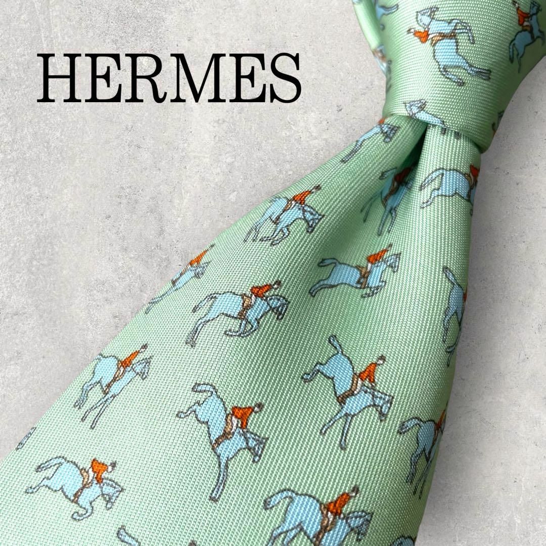 美品 HERMES エルメス 馬 乗馬 ネクタイ ミントグリーン 総柄 シルク