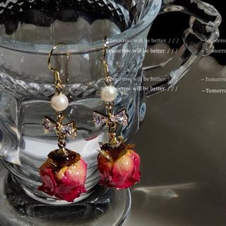 アンクルージュ(Ank Rouge)の黄薔薇　天然真珠　パール　リボン　白金色ピアス　永生花　vintage バラ(ピアス)