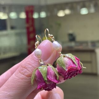 ザラ(ZARA)の永生花　黄薔薇　天然真珠パール　白黄色ピアス　ハンドメイド　vintage 韓国(ピアス)