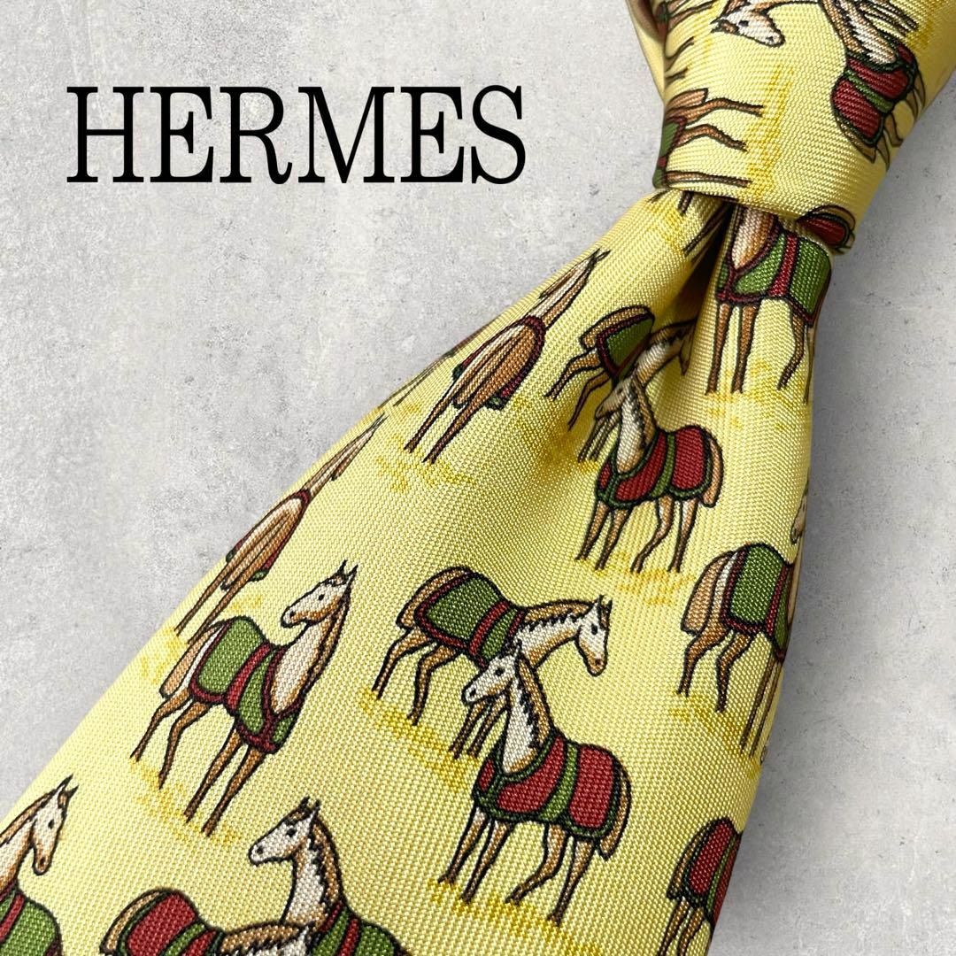 美品 HERMES エルメス 馬 馬具 アニマル柄 ネクタイ イエロー 黄