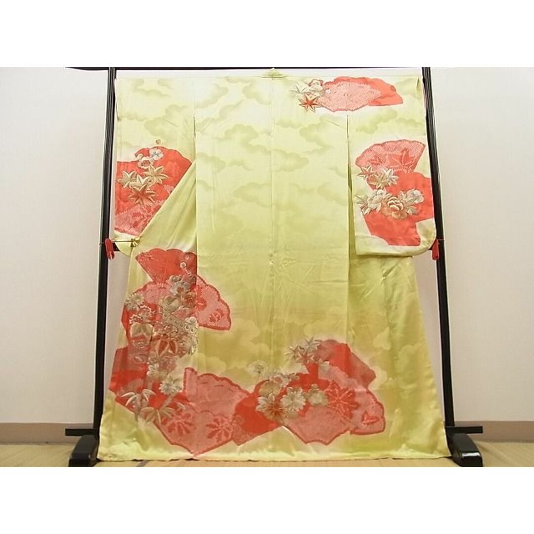 平和屋野田店□豪華振袖 駒刺繍 絞り 地紙枝花文 暈し染め 金銀彩 逸品 ...