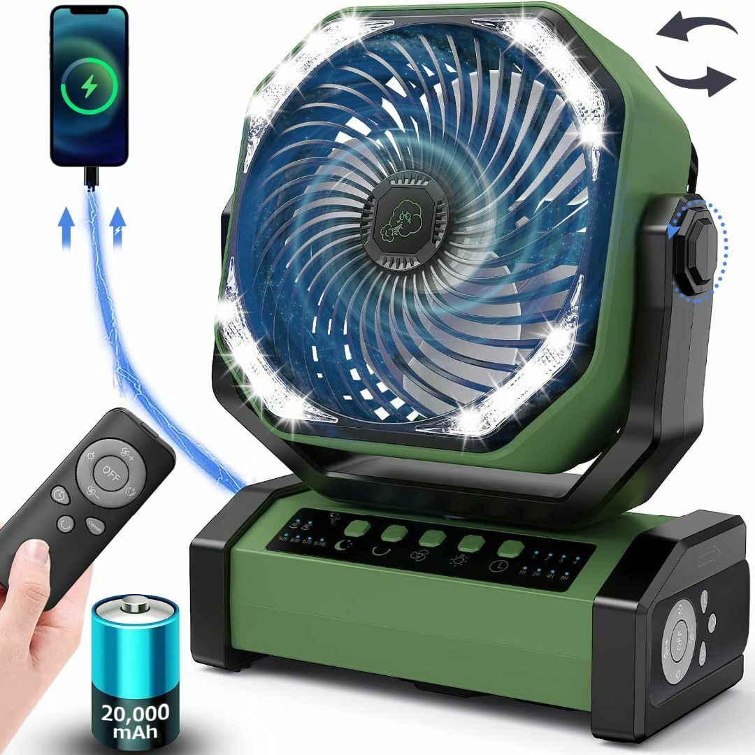 自動首振り&20000mAh】 扇風機 キャンプ アウトドア 充電式ファン コ