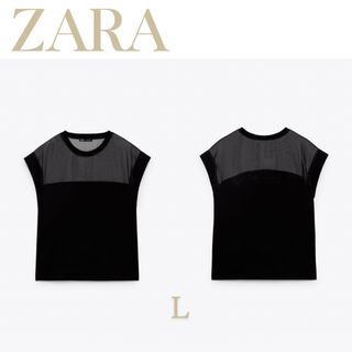 ザラ(ZARA)のZARA ザラ　オーガンザ素材コントラストＴシャツ　L(Tシャツ(半袖/袖なし))