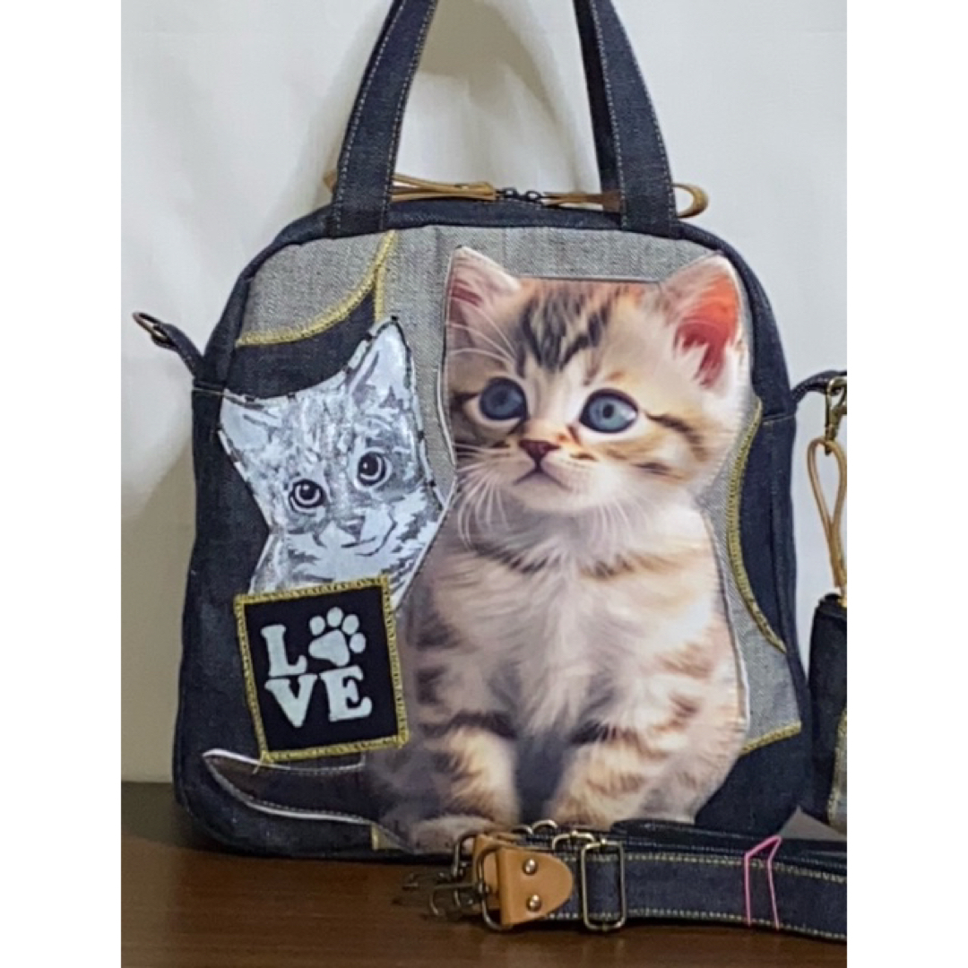 ☆ハンドメイド☆岡山デニム☆リアル☆トラ猫☆子猫☆4wayボストンバッグ