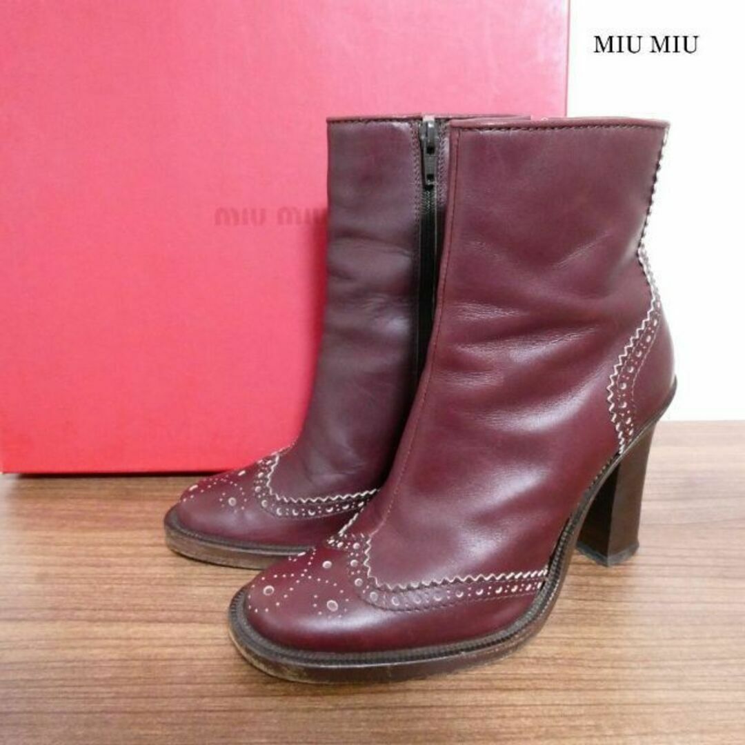 良品 ミュウミュウ レザー ウイングチップ チャンキーヒール ショート