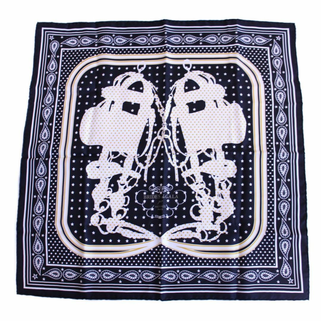 【美品】HERMES エルメス カレ 55 バンダナ スカーフ BRIDES de GALA 式典用馬勒 ブラック系 ペイズリー柄