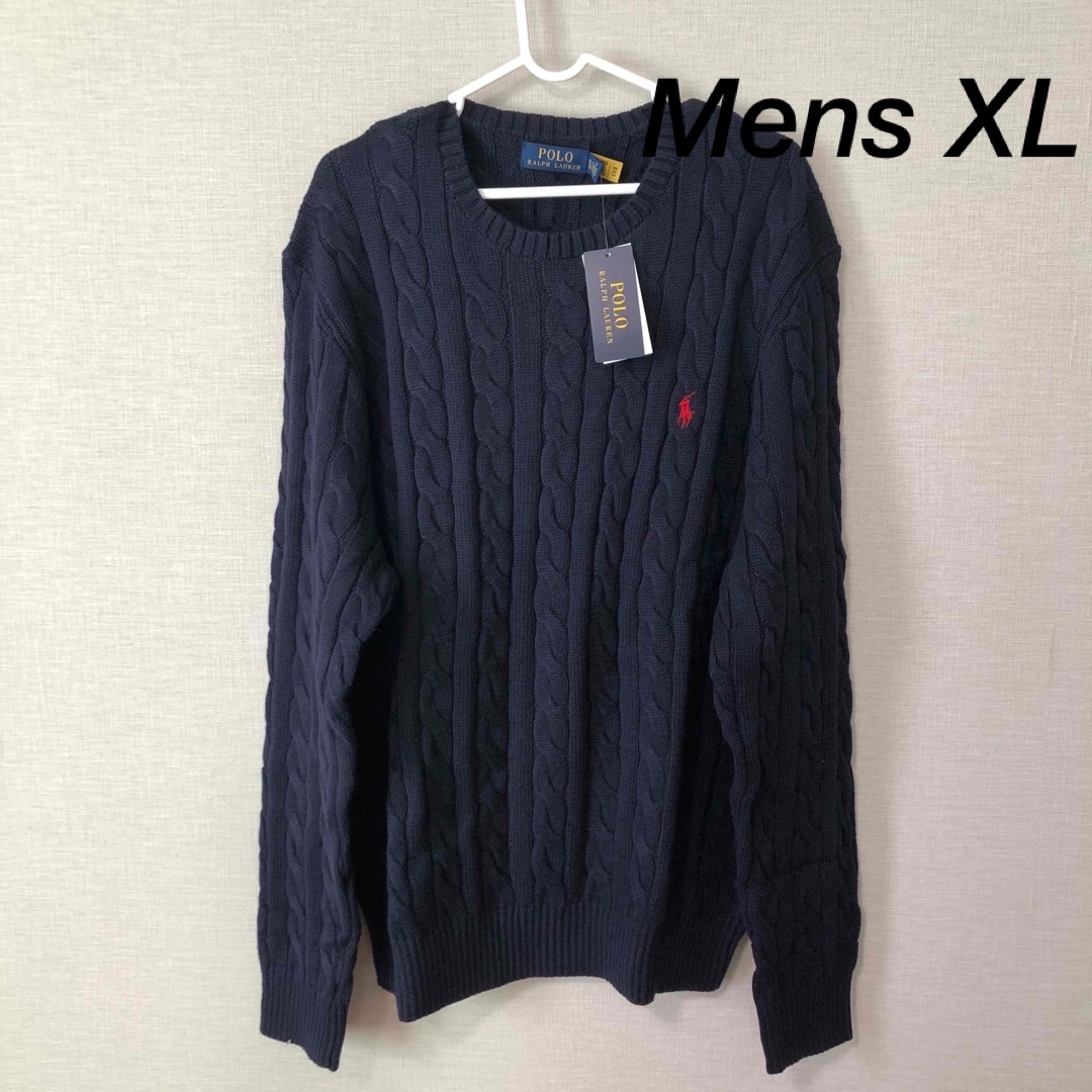 美品 POLO ラルフローレン ケーブルニット クルーネック XL 濃紺