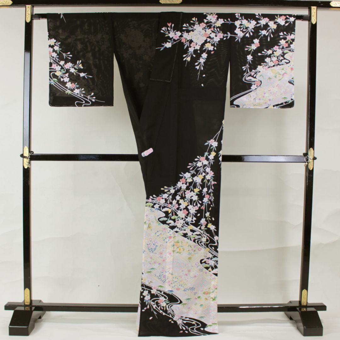 AB8611 夏物 仕付未使用訪問着 167㎝ 黒地桜 AB8611 夏物 仕付未使用訪問着 167㎝ 黒地桜
