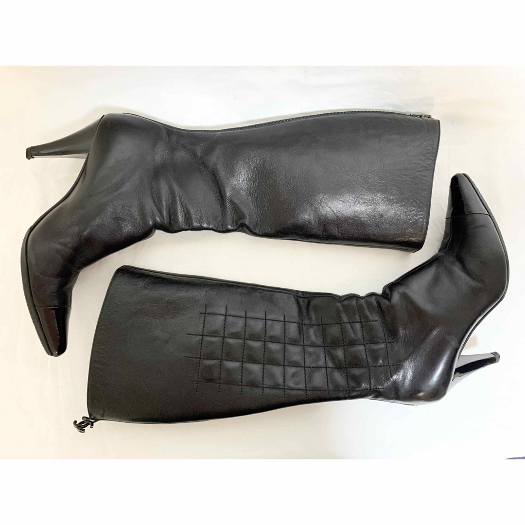 希少美品 シャネル チョコバー ココマーク レザーロングブーツ 黒 37 1/2