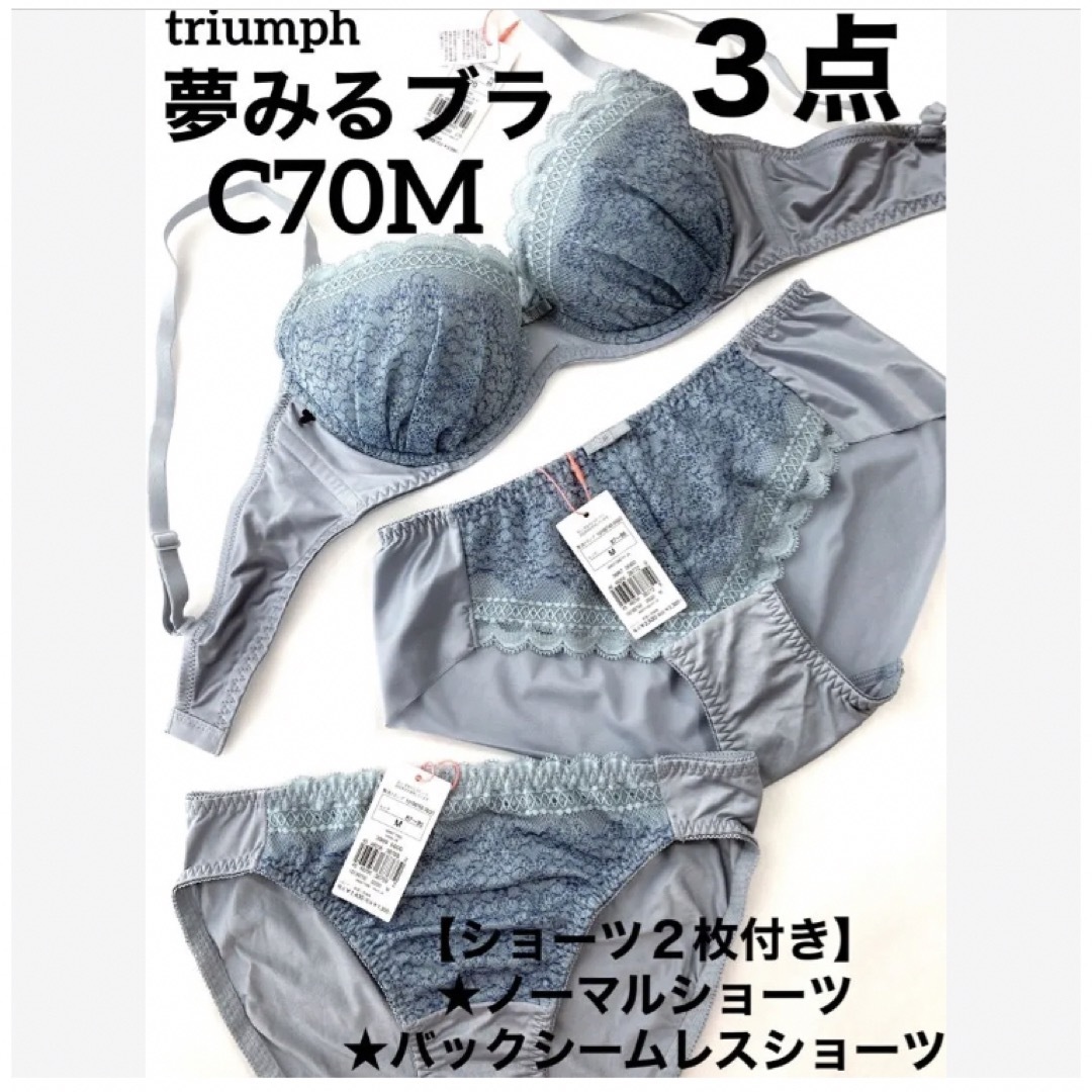 Triumph(トリンプ)の【新品タグ付】triumphブルーグレー3点セットC70M（定価¥8,349） レディースの下着/アンダーウェア(ブラ&ショーツセット)の商品写真