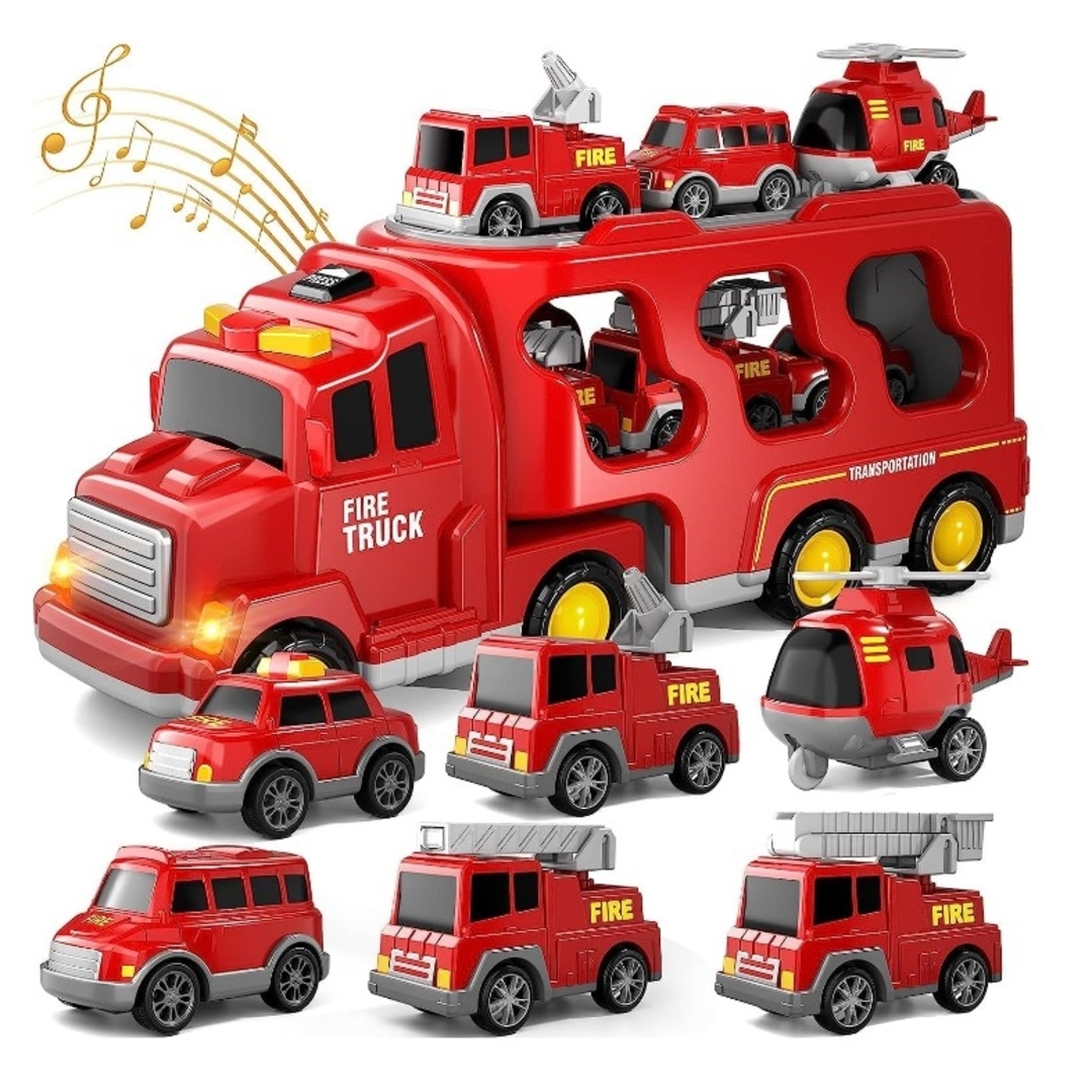 ミニカー おもちゃ 消防車 ヘリコプター ７台セット バス レッド 赤クレーン