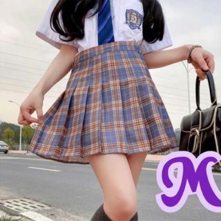 ミニスカート　イエローパープル　M　チェック　プリーツ　インナー　韓国　可愛い(ミニスカート)