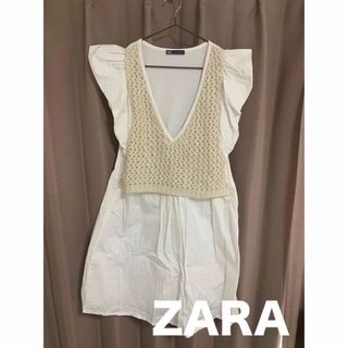 ザラ(ZARA)のザラ フリルミニワンピース 編み込み 夏 ホワイト シャツ フリーサイズ(ミニワンピース)