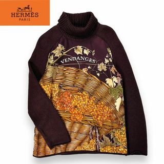 【美品】HERMES タートルネックニットセーター 総柄切り替え M イタリア製