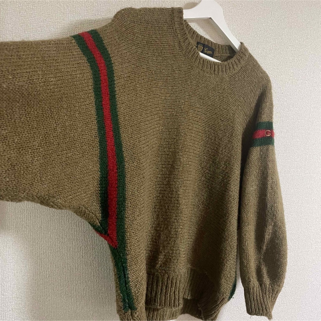 Gucci(グッチ)のOLD GUCCI ロゴ刺繍 ニット ブラウン ウェブ レア シェリーライン レディースのトップス(ニット/セーター)の商品写真