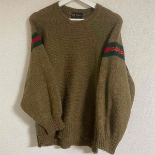 グッチ(Gucci)のOLD GUCCI ロゴ刺繍 ニット ブラウン ウェブ レア シェリーライン(ニット/セーター)