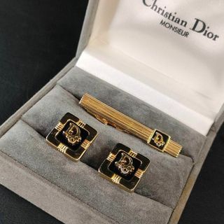 クリスチャンディオール(Christian Dior)の【美品】Dior　ディオール　カフス・タイピンセット　ゴールド　ブラック　ロゴ(ネクタイピン)