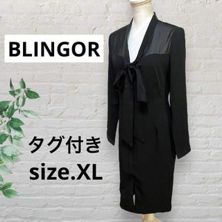 BLINGORワンピースフロントリボン 切替シースルー フロントスリット長袖(ひざ丈ワンピース)