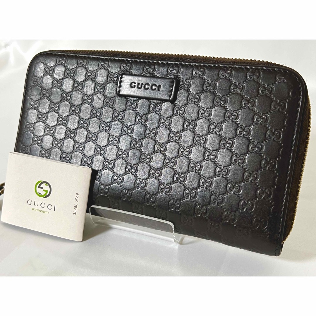 ✨美品✨ GUCCI シマ マイクロGG ブラウン ラウンドファスナー レザー-