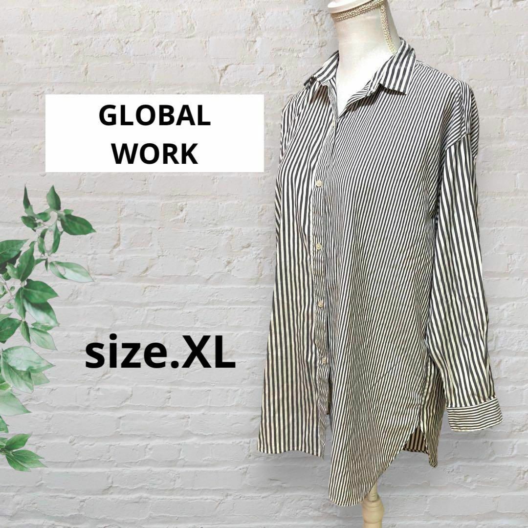 GLOBAL WORK グローバルワーク シャツロング丈 グレーストライプ XL メンズのトップス(シャツ)の商品写真