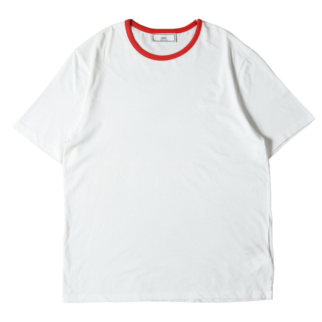 メンズAMI Alexandre Mattiussi アミアレクサンドルマテュッシ Tシャツ サイズ:M フロッキー ロゴ プリント リンガー Tシャツ トリム ホワイト レッド 白 赤 トップス カットソー シンプル 無地 ワンポイント ブランド【メンズ】