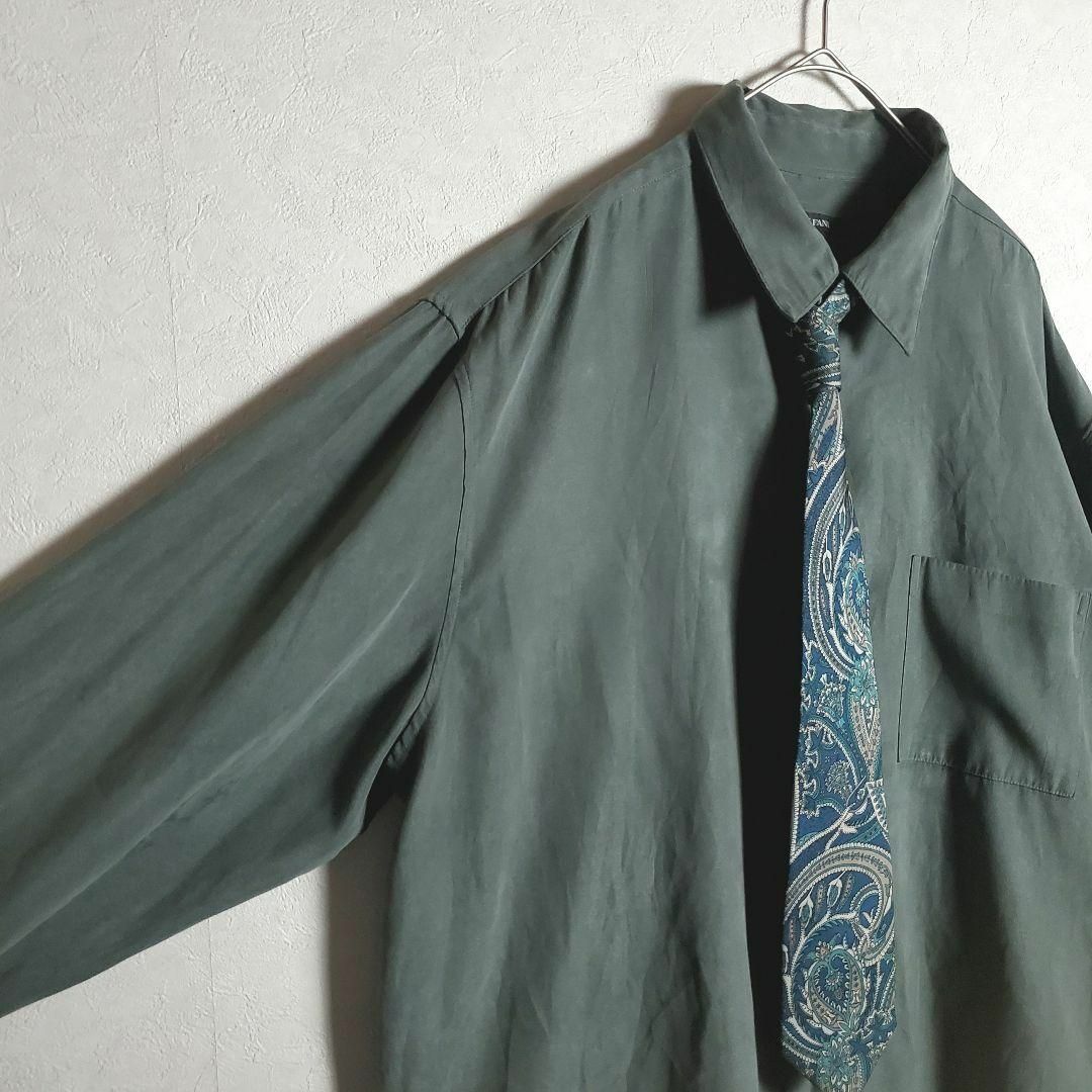 ネクタイシャツ スエード生地 モスグリーン 深緑 長袖 柄ネクタイ 高級感