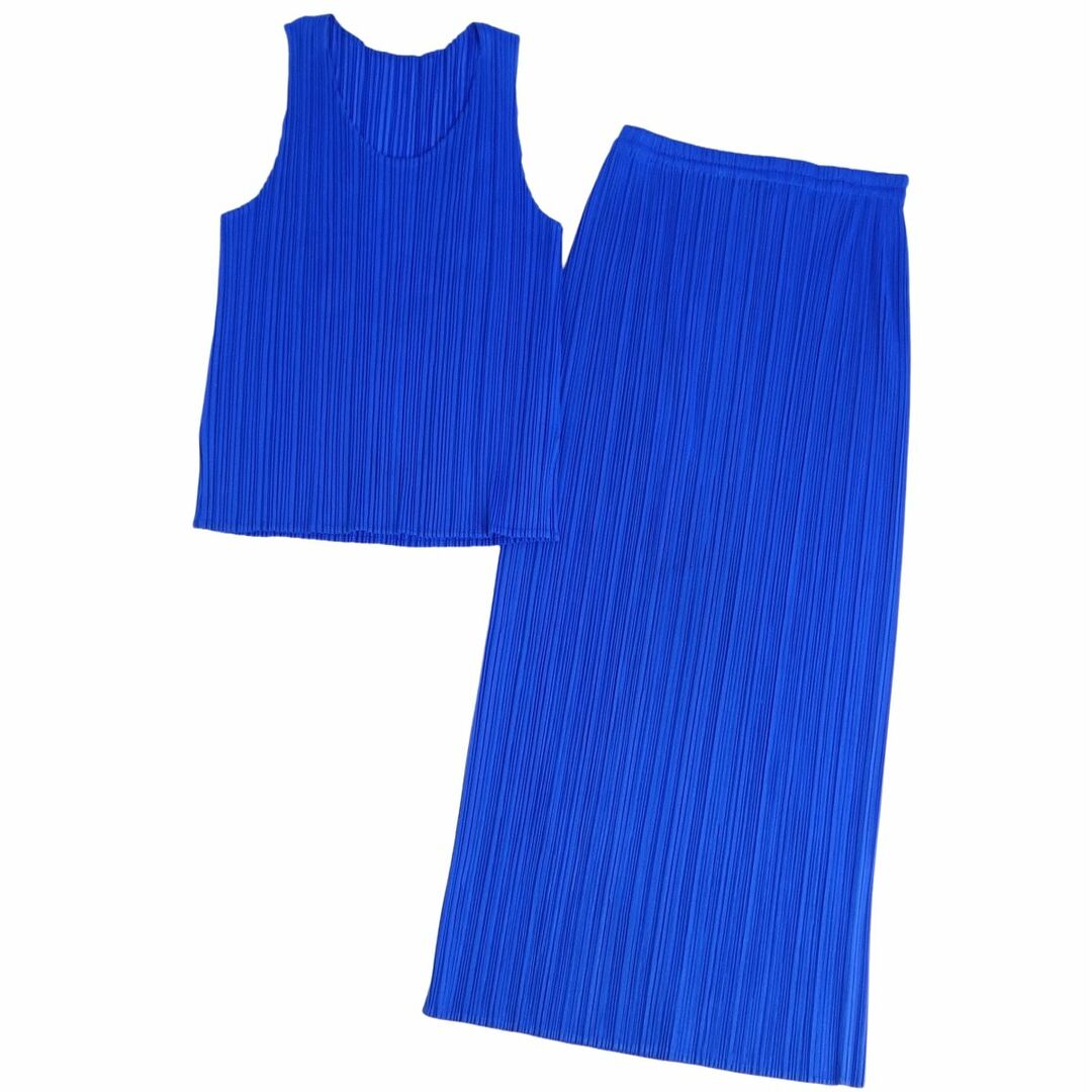 PLEATS PLEASE ISSEY MIYAKE(プリーツプリーズイッセイミヤケ)の美品 プリーツプリーズ イッセイミヤケ PLEATS PLEASE セットアップ タンクトップ スカート プリーツ レディース 2(M相当) ブルー レディースのフォーマル/ドレス(スーツ)の商品写真