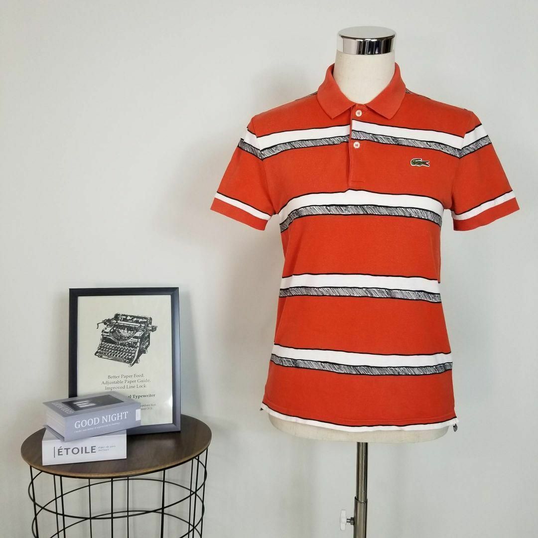 LACOSTE L!VE(ラコステライブ)のLACOSTE LIVEイラストタッチボーダー鹿の子ポロシャツ半袖2橙白黒ゴルフ レディースのトップス(ポロシャツ)の商品写真
