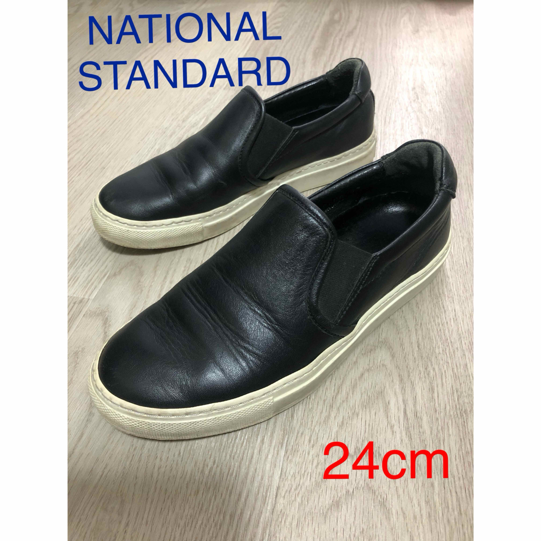 NATIONAL STANDARD ブラック×レザースニーカー スリッポン