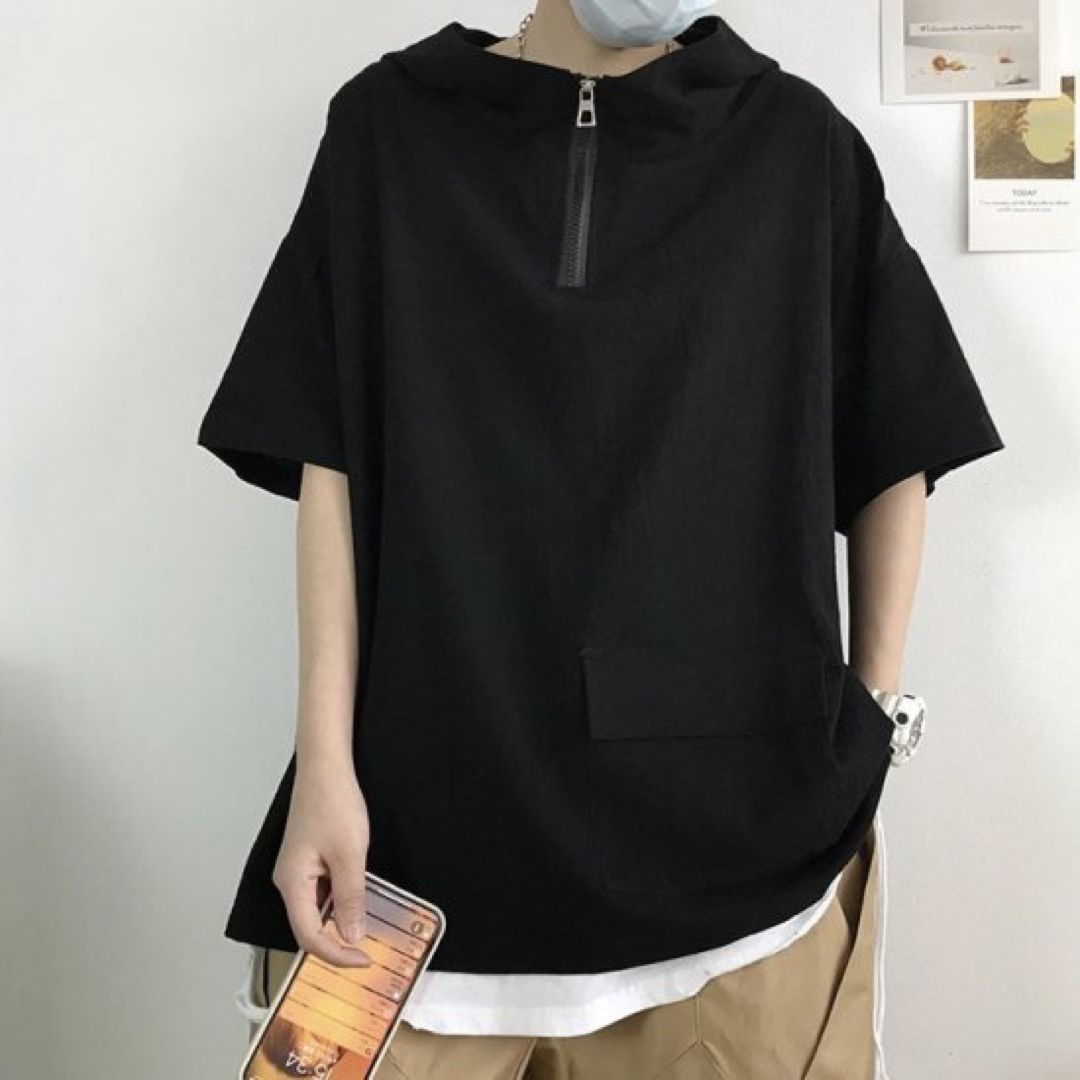 メンズ 半袖パーカー ハーフジップ Tシャツ 無地 フード ブラック 黒 メンズのトップス(パーカー)の商品写真
