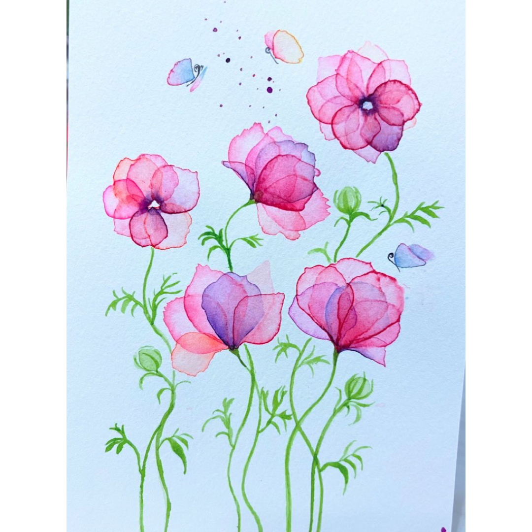 水彩画 絵画 原画『ピンクの透明花』