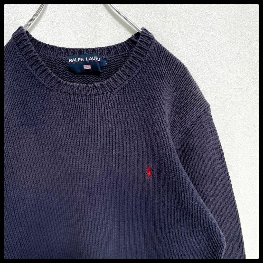 POLO RALPH LAUREN(ポロラルフローレン)の【鬼フェード】ポロラルフローレン　刺繍ロゴ　ポニー　コットンニットセーター　紺 レディースのトップス(ニット/セーター)の商品写真