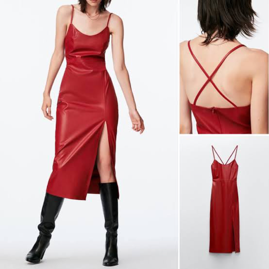 Zara) レザー風赤のキャミソールストラップドレス レッド XS