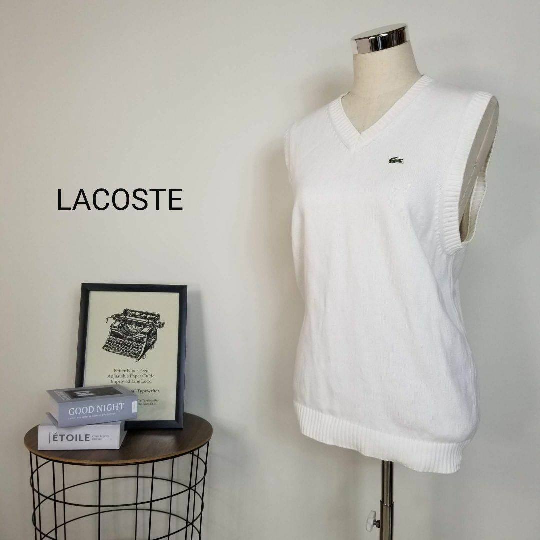 LACOSTE(ラコステ)のLACOSTEコットンニットVネックベストプルオーバー2白ワニロゴ刺繍ゴルフ レディースのトップス(ニット/セーター)の商品写真