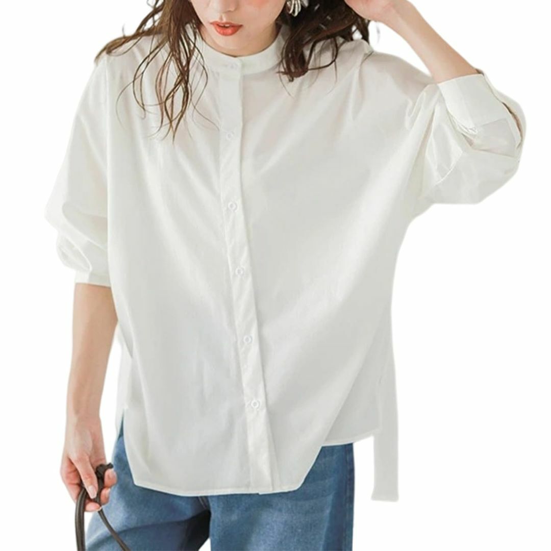 【色: ホワイト】[Tiernyueth] 七分袖 立ち襟 シャツ レディース