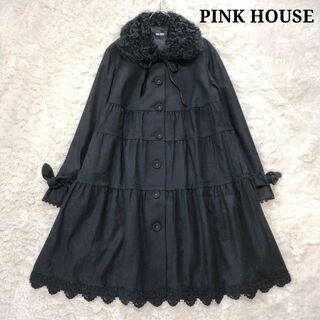 ピンクハウス(PINK HOUSE)の極美品⭐︎ピンクハウス　カシミヤ混　ラムファー襟　レース　ティアード　黒(ロングコート)
