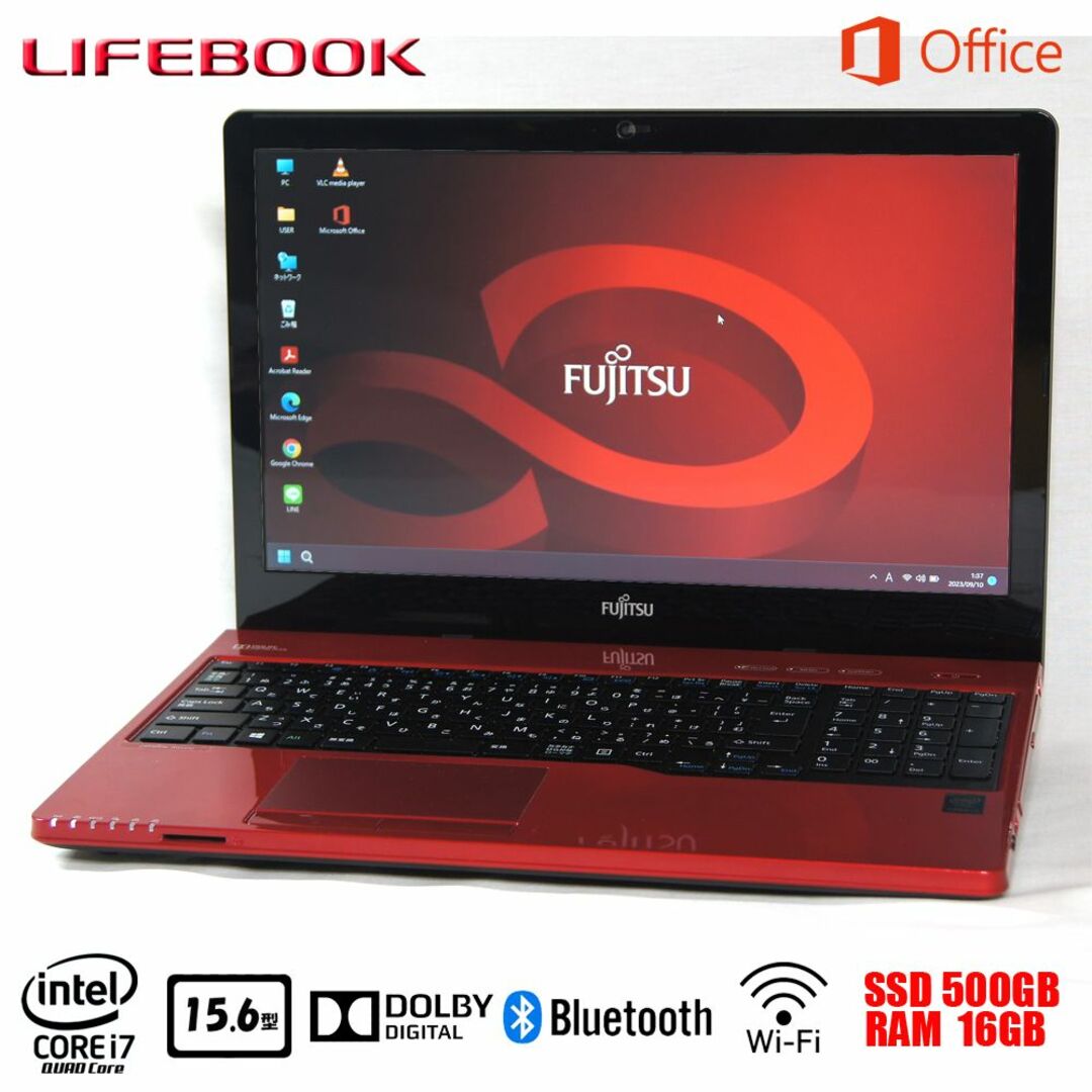 富士通ノート LIFEBOOK i7/SSD/16GB/BR/Bt/レッド - ノートPC