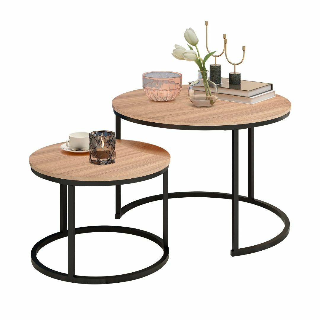 VERFARM 円形 コーヒーテーブル ネストテーブル と メタルベース、 モダ