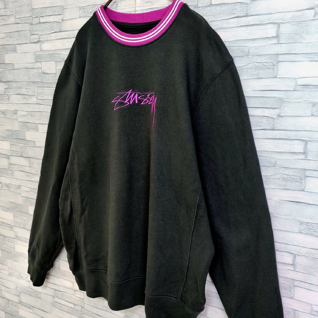 【希少】ステューシー☆センター刺繍ロゴ付スウェット リンガーデザイン 黒・紫
