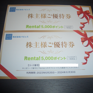 パピレス　株主優待　Renta！　10000ポイント(その他)
