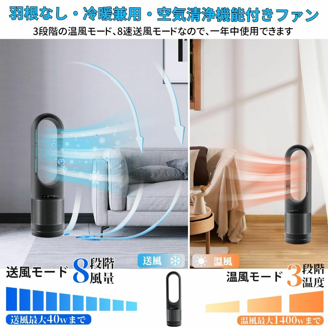 扇風機 タワーファン 羽根なし扇風機【温/冷風・空気浄化・一台３役