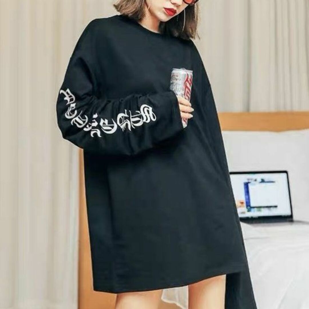 韓国 ストリート 袖ロゴ ロングスリーブ ロンT 長袖 Tシャツ 男女兼用  レディースのトップス(Tシャツ(長袖/七分))の商品写真
