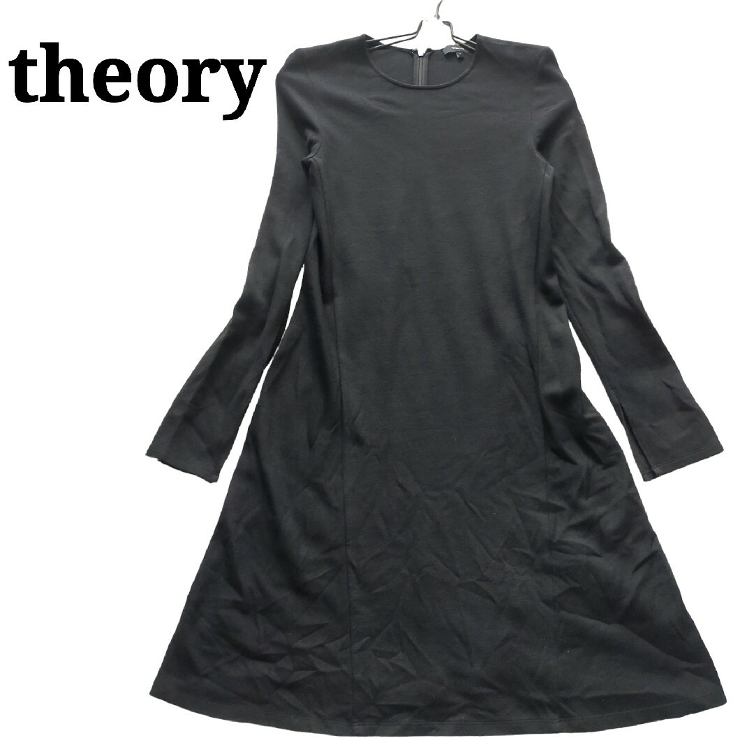theory★ワンピース 膝丈 黒 ブラック Aライン フレア ウール混 S