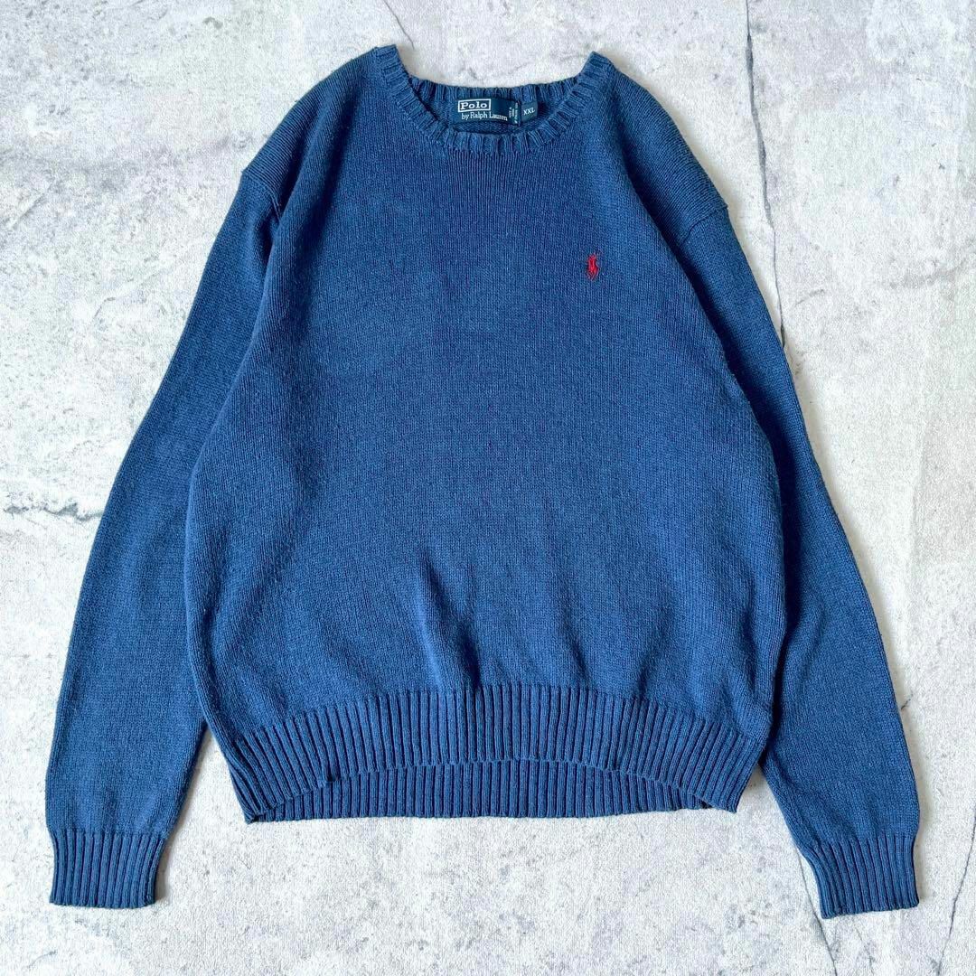90s ポロ バイ ラルフローレン】XXL 綿コットン 刺繍ロゴ ニット 青